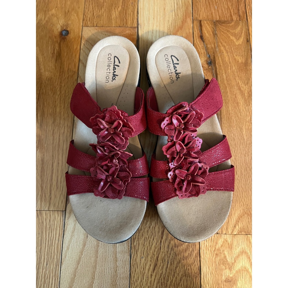Clark's Laurieann Judi Flat Sandal Woman's Size 7 Red Floral‎